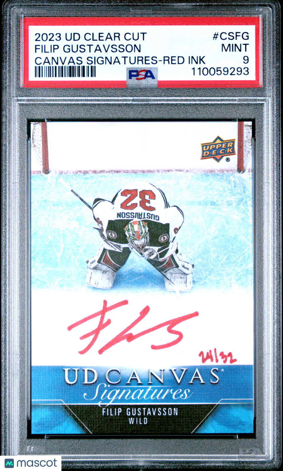 2023 Upper Deck Clear Cut Canvas Signatures Filip Gustavsson #CSFG Red Ink PSA 9